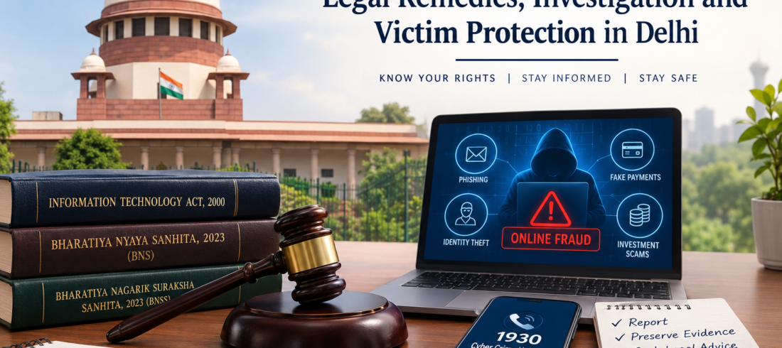 Supreme Court on Online Fraud: Legal Remedies, Investigation and Victim Protection in Delhi, with cybercrime evidence and digital security concepts.