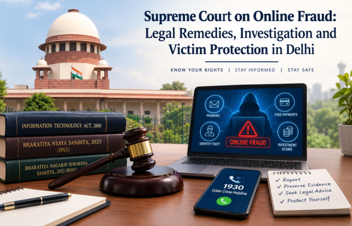 Supreme Court on Online Fraud: Legal Remedies, Investigation and Victim Protection in Delhi, with cybercrime evidence and digital security concepts.