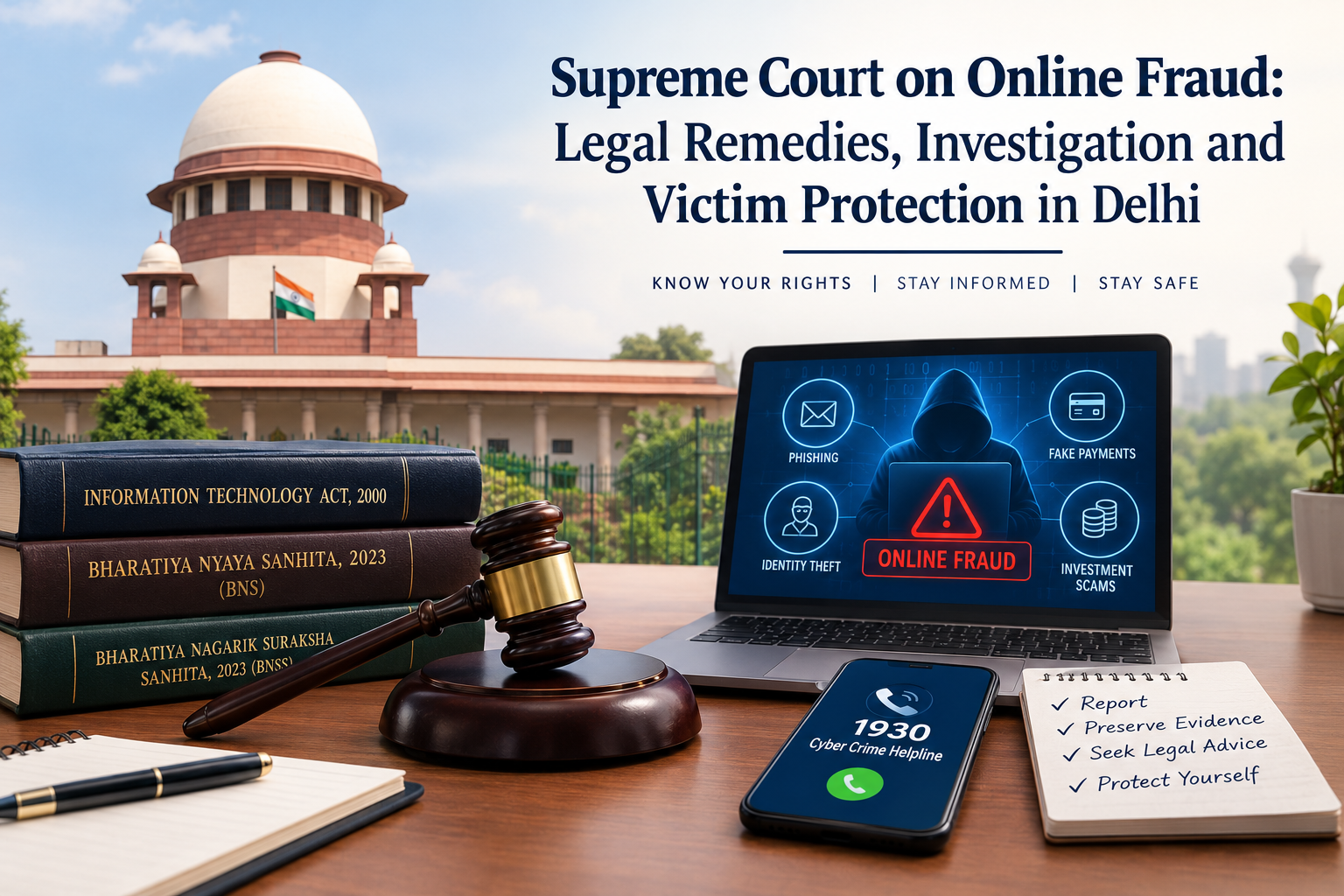 Supreme Court on Online Fraud: Legal Remedies, Investigation and Victim Protection in Delhi, with cybercrime evidence and digital security concepts.