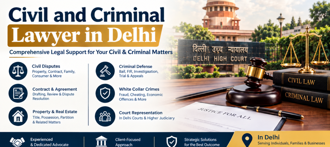 Civil and Criminal Lawyer in Delhi, featuring legal documents, law books and a gavel representing civil litigation and criminal defence services.