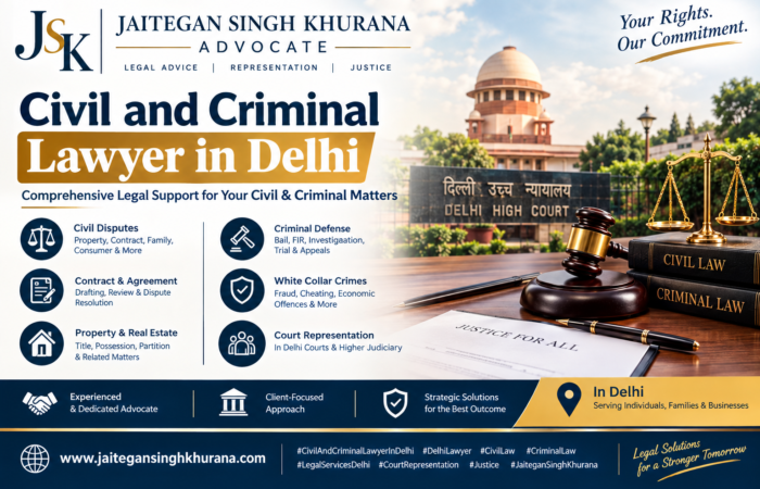 Civil and Criminal Lawyer in Delhi, featuring legal documents, law books and a gavel representing civil litigation and criminal defence services.