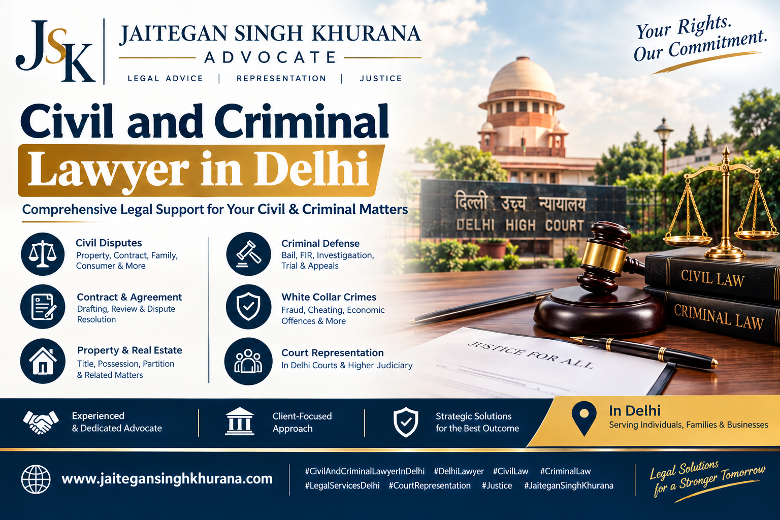 Civil and Criminal Lawyer in Delhi, featuring legal documents, law books and a gavel representing civil litigation and criminal defence services.